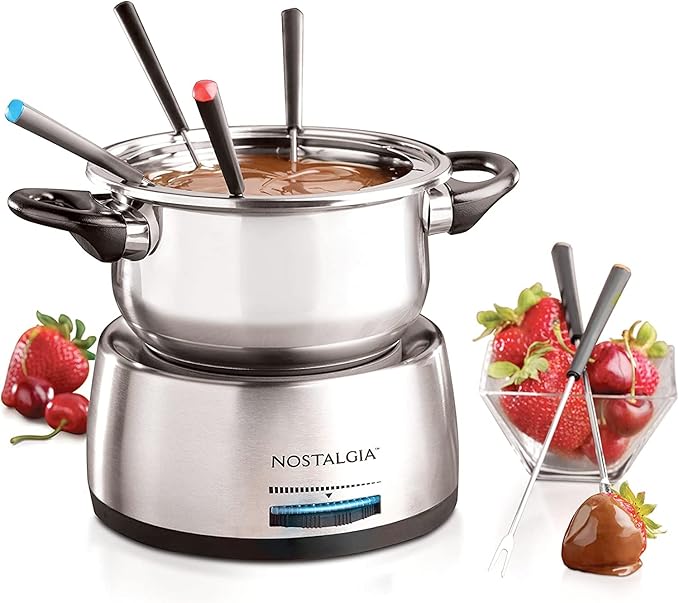 Nostalgia 6-Cup Electric Fondue Pot Set for Cheese & Chocolate – 6 Color-Coded Forks, Temperature Control